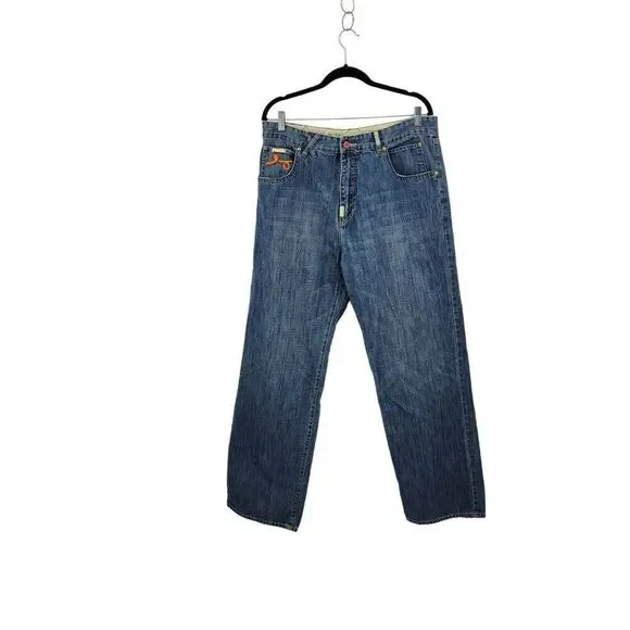 Vintage‎ High Waisted Sea Bead Embroidered Jeans 36 Blue Denim Rainbow Pockets
